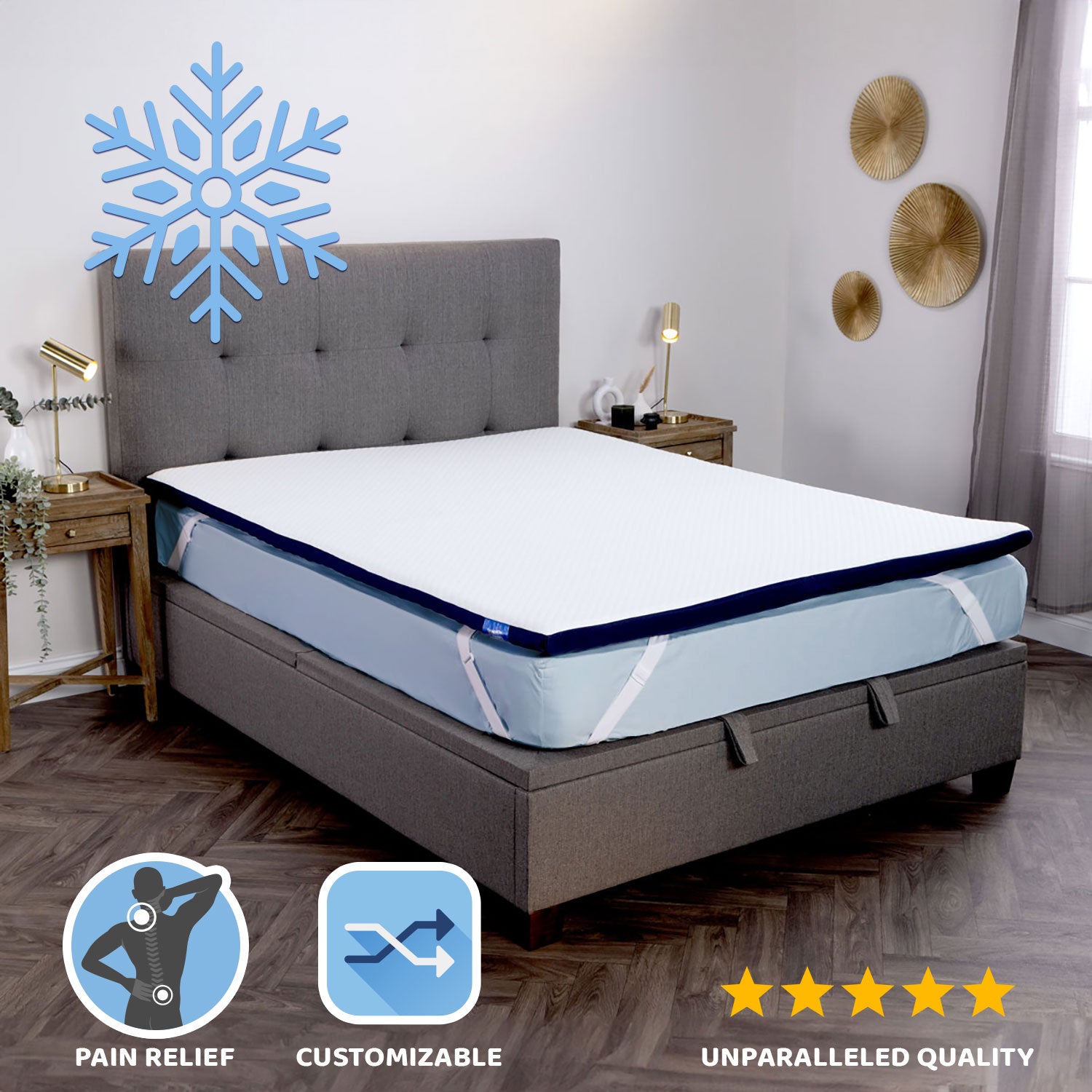 A Seriously Comfortable Cool Revive Plus Mattress Topper for pain relief with reversible soft and firmer massaging side and 5 star quality all round, keeping you cool all night long.