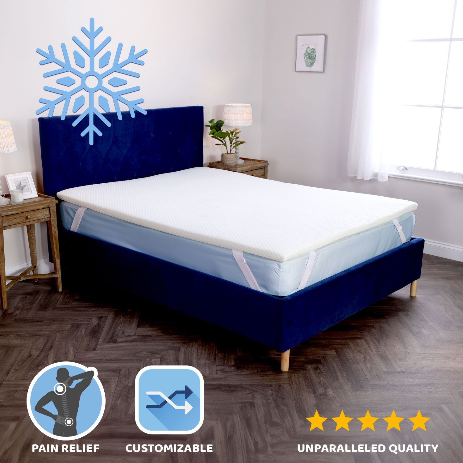 Our Seriously Comfortable Cool Revive mattress topper for pain relief with customisable support and 5 star quality all round, keeping you cool all night long