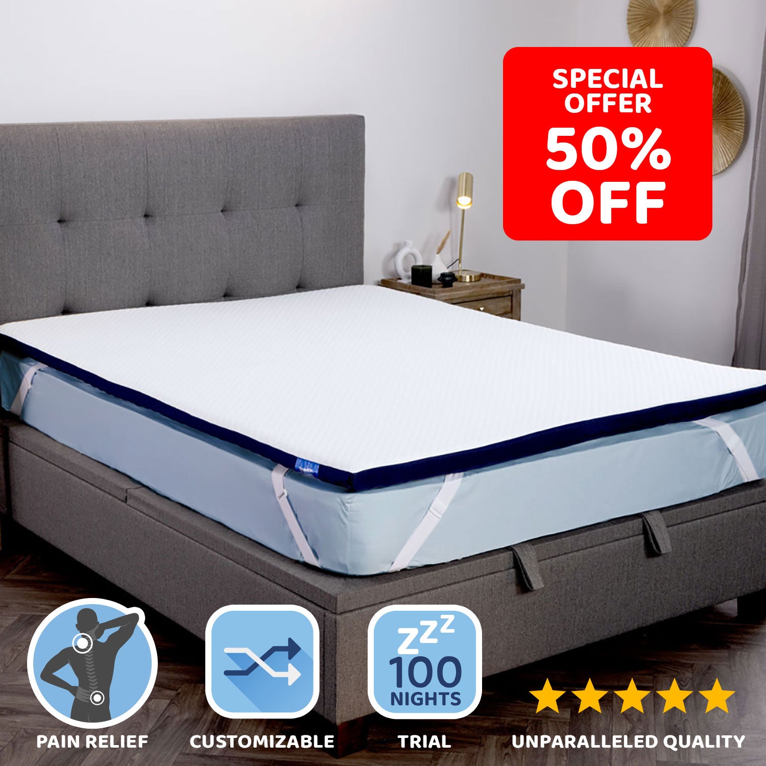 A Seriously Comfortable Revive Plus Mattress Topper for pain relief with reversible soft and firm side. 50% off  