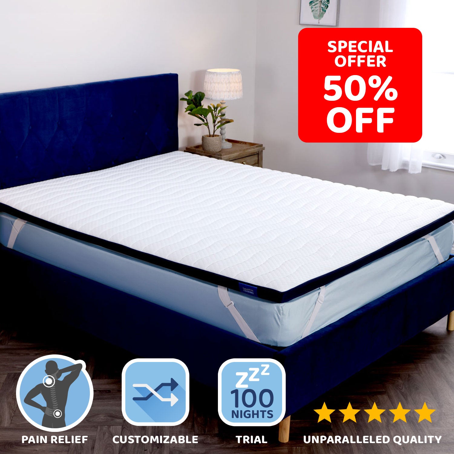 A Seriously Comfortable Revolution Mattress Topper for pain relief with reversible soft and firm side. 50% off  