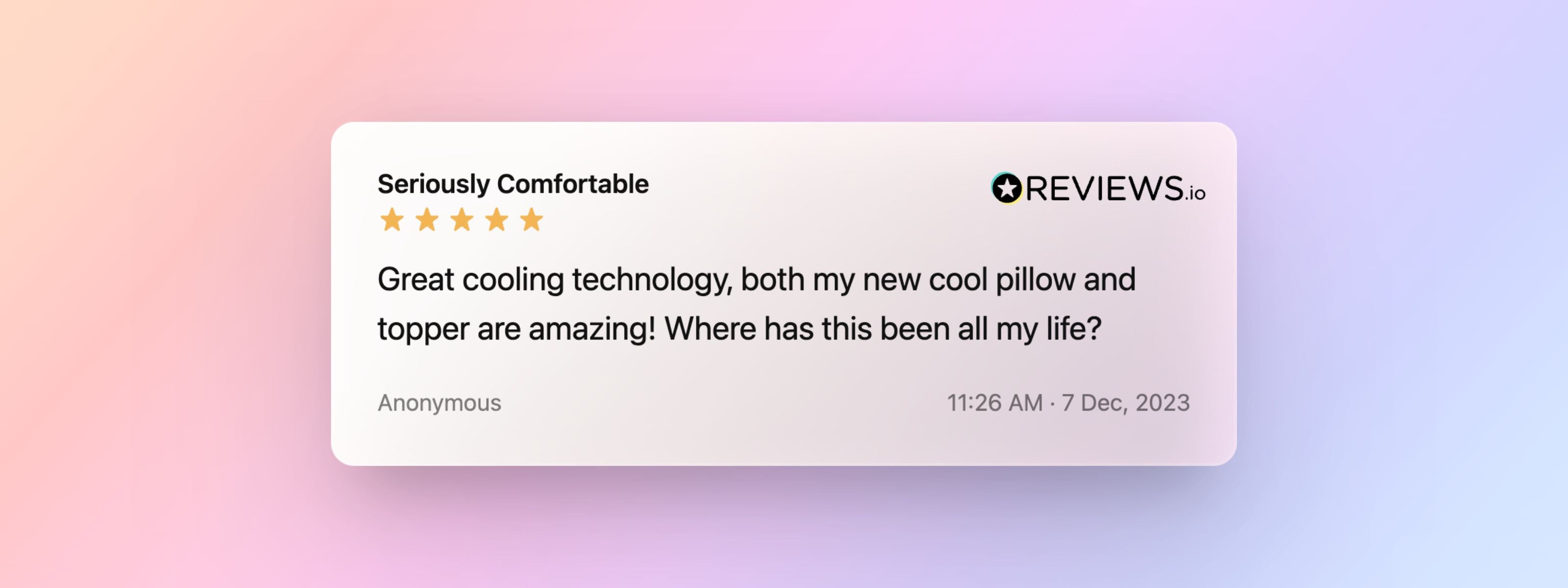 A positive customer review praising Seriously Comfortables cooling technology