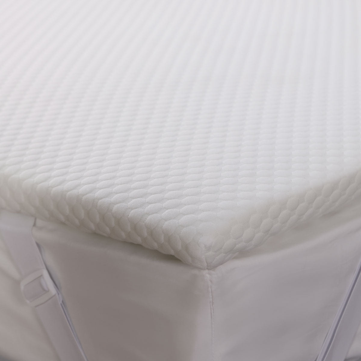 A close up of the Seriously Comfortable Revive mattress topper white cover 